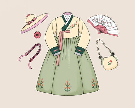Traditional korean hanbok dress set with floral embroidery including matching accessories like hat fan silk pouch and hair ribbons.