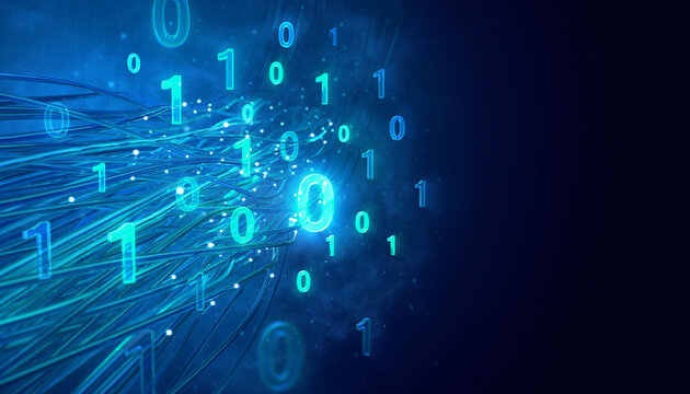 Abstract binary code and glowing data streams on dark blue background, digital technology