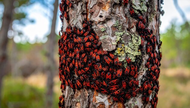 Vast Swarm of Red and Black Insects Clustered on Tree Bark