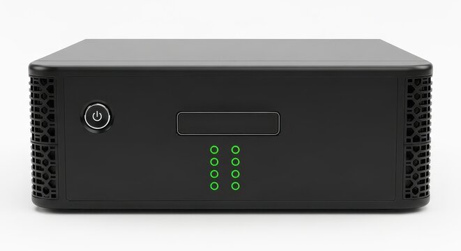 Black computer server with green lights on front panel