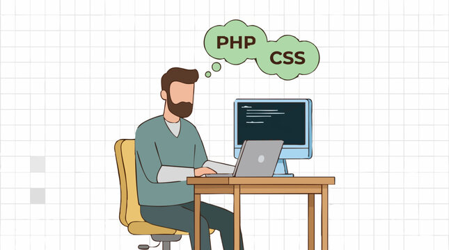 Programmer working at desk thinking about web development languages