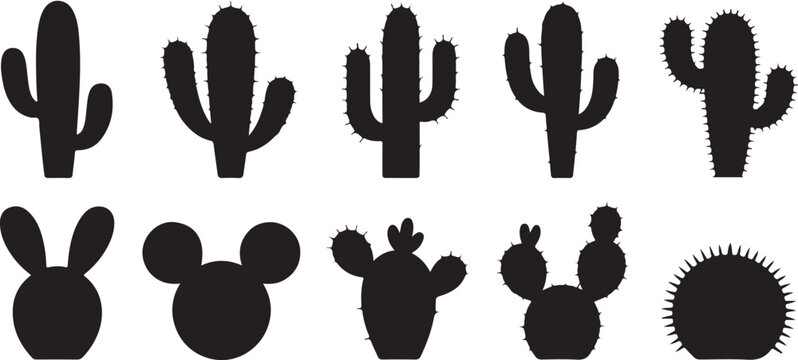 Cactus silhouette icons set desert plant shapes collection including prickly pear saguaro and bunny ear varieties on background.