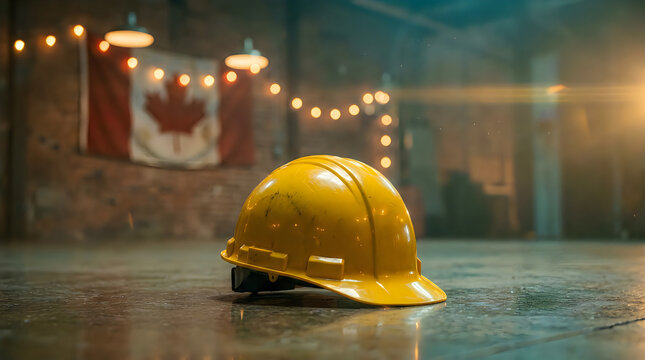 Yellow hard hat on floor with Canadian flag and bokeh lights, symbolizing construction safety and labor day in Canada.