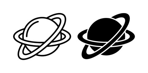 Planet Icons, Saturn Symbol, Space Graphics. Two stylized planet icons, one outline, one solid black, with rings, representing celestial bodies and cosmic exploration. © Hamidur