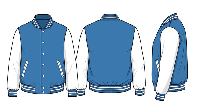 Blank varsity bomber jacket vector template in classic blue and white design for apparel mockup and fashion illustration needs