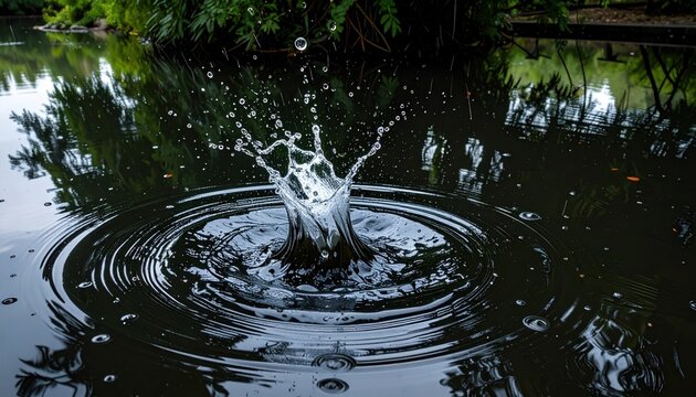 Water Splash Creates Ripples on a Dark Pond Surface Capturing Dynamic Motion