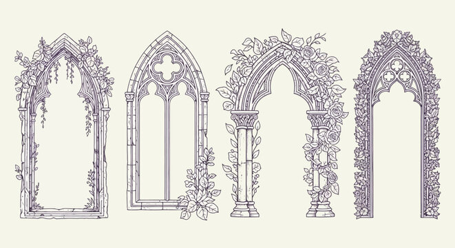 Ornate Gothic Archways Adorned with Lush Greenery and Delicate Flowers, Evoking Ancient Architecture and Enchanting Gardens