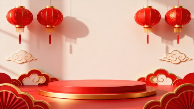 Red and gold Chinese lanterns on stage