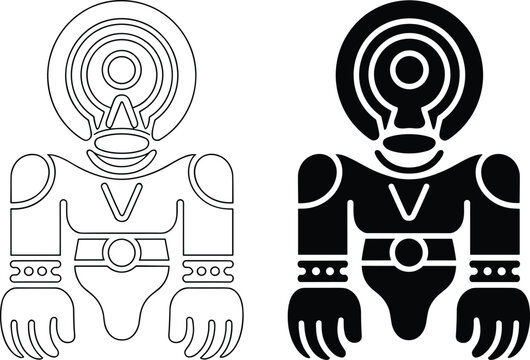 Professional graphic vector illustration of a mysterious ancient astronaut robot standing stoically in high contrast lighting.