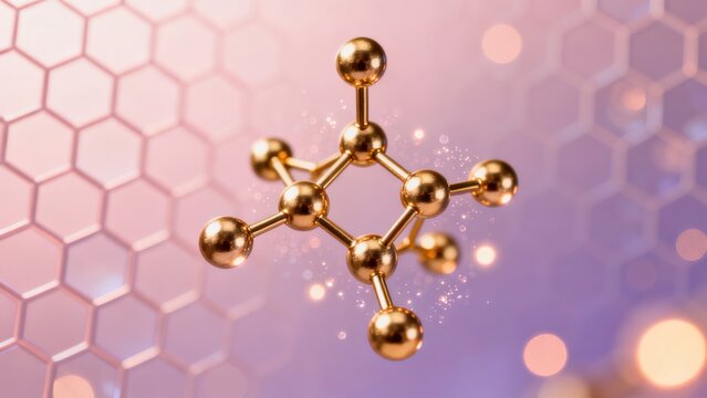 Golden molecular structure against hexagonal pattern