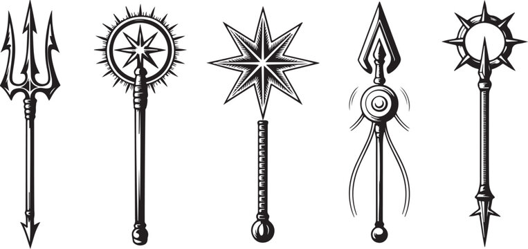 Set of fantasy ceremonial scepters and magical staves featuring sharp metal points sunbursts and star shapes for mystical theme.