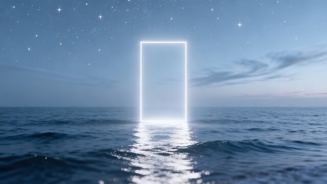 Glowing rectangular portal over ocean