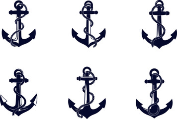 Set of six vintage nautical anchors with ropes © pinki