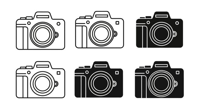 Collection of minimalist digital camera icons, featuring various line art and solid silhouette designs, perfect for modern photography applications and technology interfaces