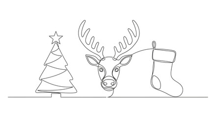 Continuous line drawing of a Christmas tree, reindeer head, and stocking, perfect for holiday designs and decorations © imran