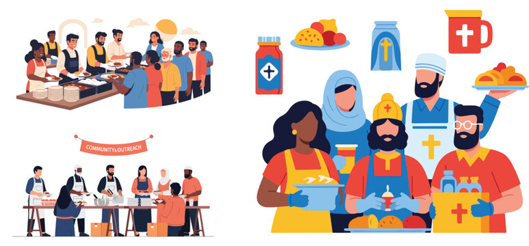Flat vector illustration of charitable volunteers serving meals to disadvantaged families during a spiritual community gathering, compassion and assistance concept, white background