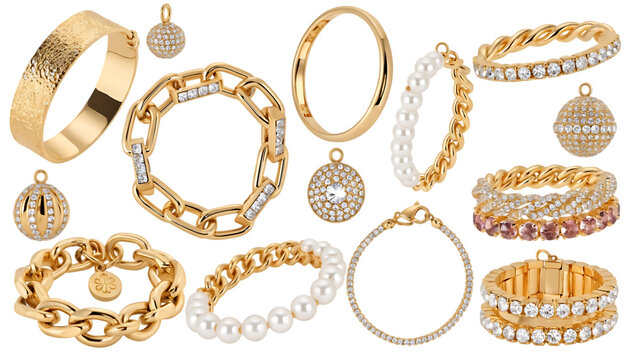 Gold bracelets and charms jewelry stacked cut out isolated on white background PNG. AI GENERATED.
