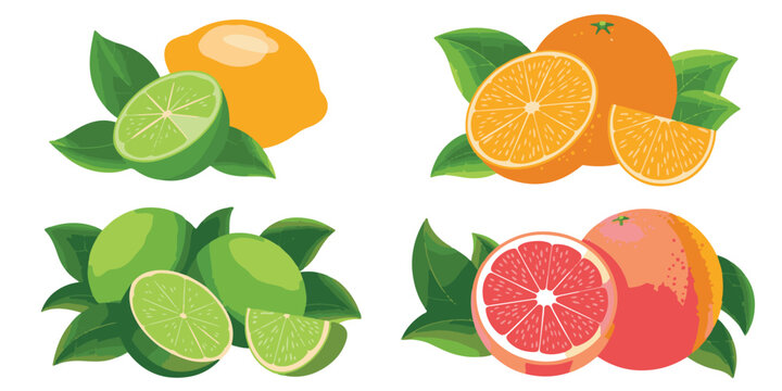 Collection of citrus fruits and leaves, limes oranges and lemons with cut slices and whole fruits, vibrant and fresh citrus fruits.
