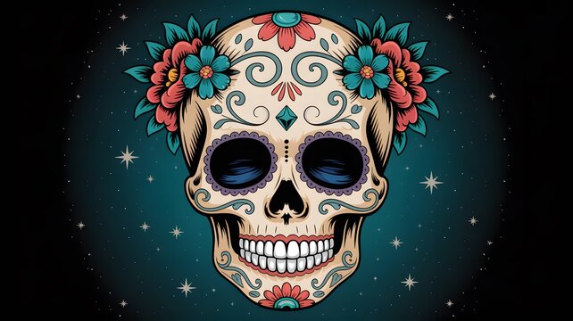 Colorful sugar skull with flowers on dark background