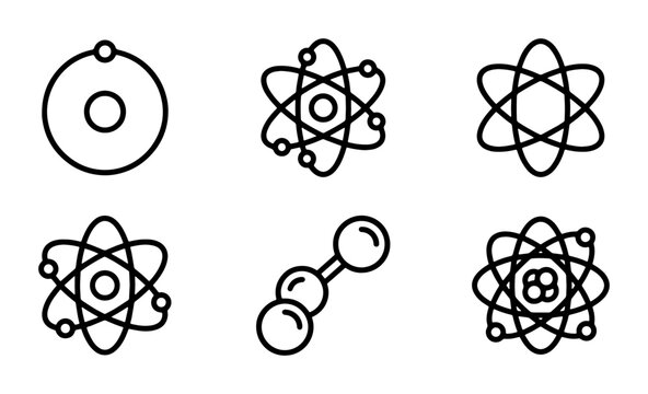Atomic Structure Icons, Science Symbols, Molecular Models, Chemistry Elements, Physics Concepts, Vector Graphics
