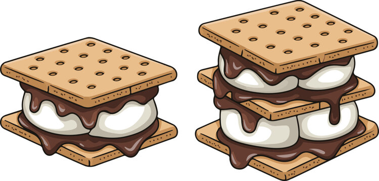 Delicious smores with toasted marshmallows and melting chocolate layers between graham crackers on transparent grid background.