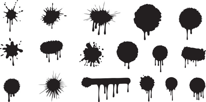 Black ink splats and liquid drips collection featuring various paint blotches and spray stains on transparent grid background.