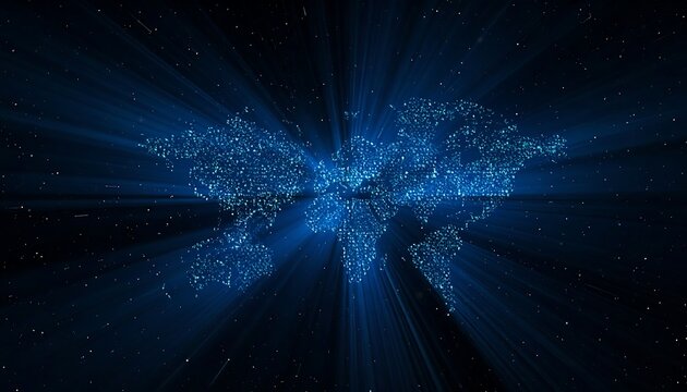A blue, glowing, abstract representation of a world map with radiating lines