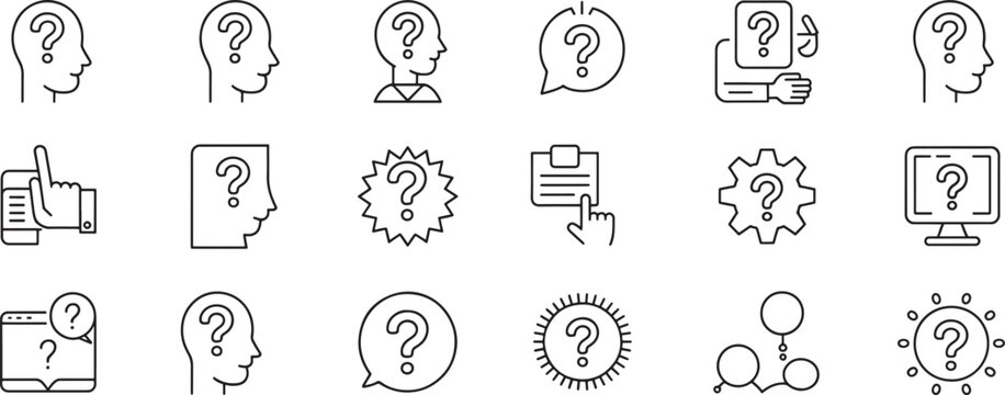 Head Question Mark Icon Set with Thin Black Outlines, Thinking Signs, and Idea Discovery Symbols for Ui Icons