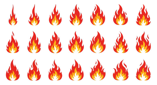 Set of isolated fire flames in different sizes and shapes on a white background, graphic design elements for various applications