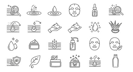 Comprehensive Skincare and Beauty Product Line Icons depicting hydration, natural ingredients, and cosmetic treatments. Essential symbols for healthy skin and routine © imran