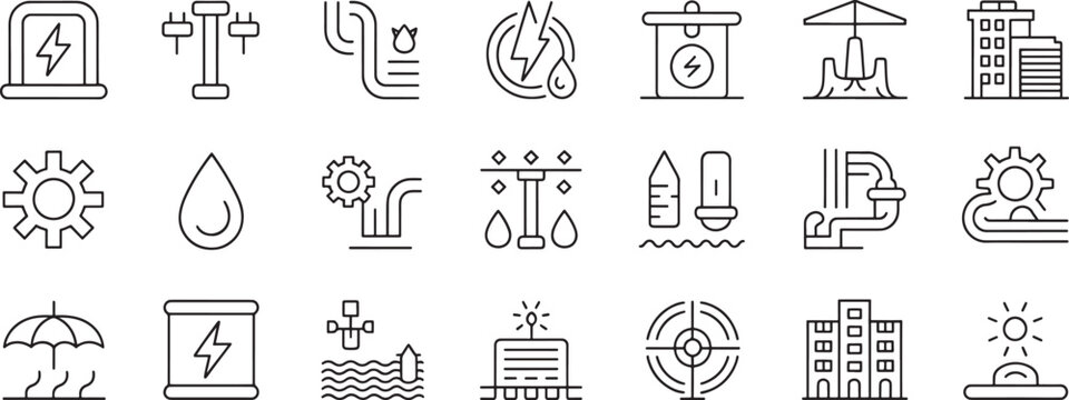 Electricity and Power Line Icons Set with Lightning, Energy Storage, and Safety Warning Symbols in Line Art