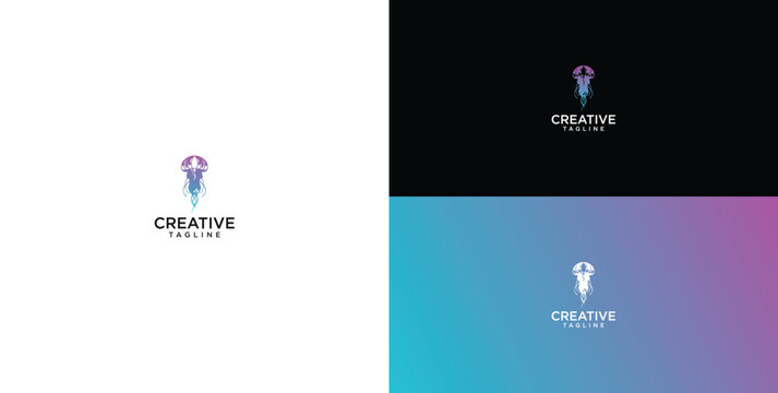 Modern and creative abstract logo design featuring a stylized rocket or unique character with gradient colors on dark and light backgrounds