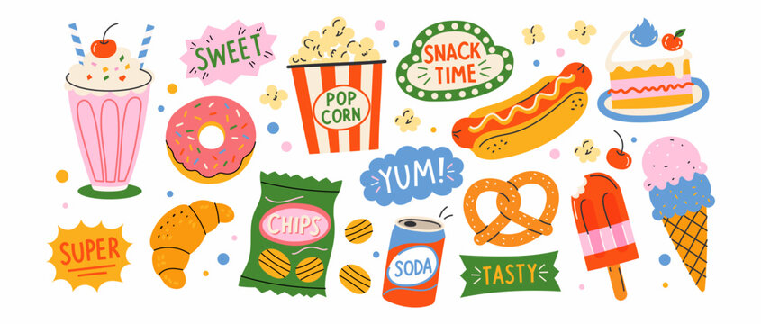 Colorful snack food sticker set. Sweet treats, popcorn, hot dog, donut, chips, soda, pretzel, ice cream, cake and dessert icons in playful flat vector style isolated on white background.