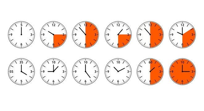 Visual Representation of Time Passing on a Clock Face with Orange Highlighted Sections