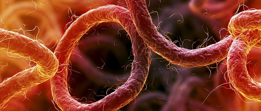Colorful microscopic view of intertwined fibers in orange and red  