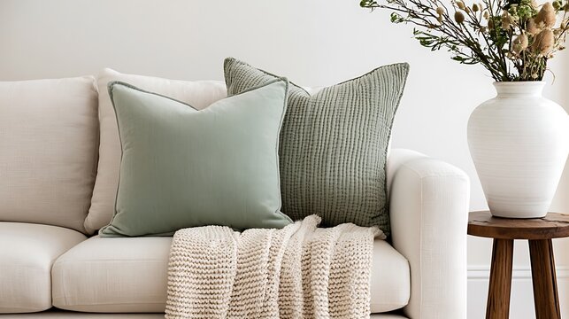 Minimalist living room sofa with sage green decorative cushions and knitted throw, isolated on white background