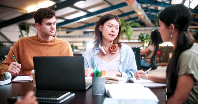 Laptop, study and research with people in college for teaching, tutor session and education project. Assignment, university and knowledge with students on campus for class schedule and exam portal