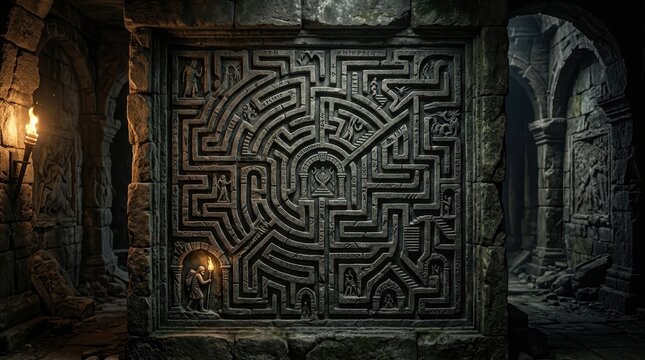 Intricate stone maze carving with figures and torchlight on ancient wall