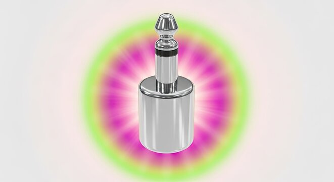 Shiny metallic audio jack plug 3D render with vibrant pink and green glow on a white background. Technology and connection concept.