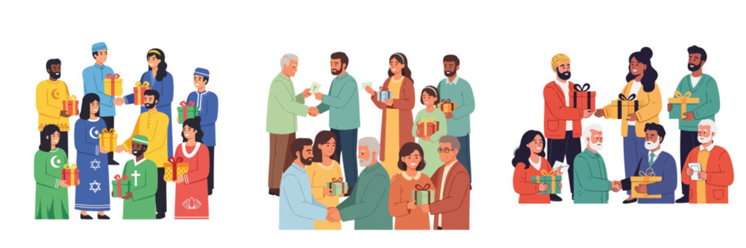 Celebration of diversity and generosity as happy people from different cultures exchange gifts, fostering community spirit and joyous connections during special occasions