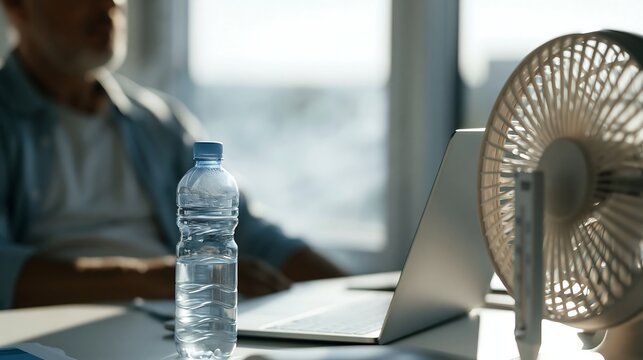 Water bottle and desk fan next to laptop in warm office environment. Concept of heatwave preparedness, hydration and maintaining comfort during work