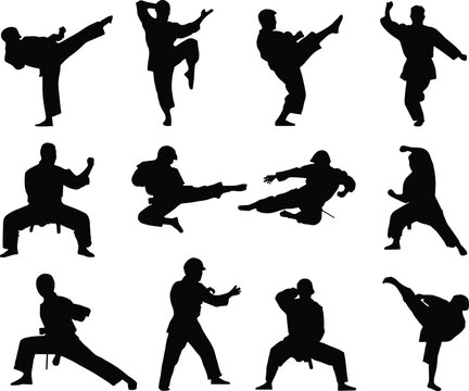 Flying martial arts fighter silhouettes isolated on white background jumping karate kicks acrobatic ninjutsu combat motions attack postures illustration pack