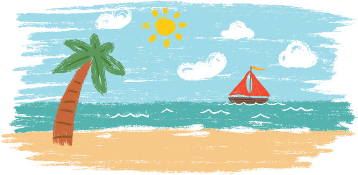 Kids drawing style tropical beach with palm tree, sunny sky and sailboat on sea waves. Crayon texture vector illustration of summer vacation coast background.