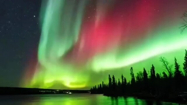 The sky was filled with a magnificent vertical curtain of light, emitting a dominant combination of bright green at the bottom and a contrasting purplish pink at the top.