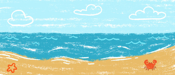 Childish crayon sketch of sea coast horizon with sand beach, cute crab, starfish and white clouds. Textured vector background of marine landscape for children design.