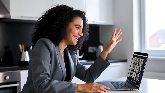 Engaged Video Presenter, Happy Remote Worker, Kitchen Office Call, Professional Virtual Meeting, Friendly Business Discussion.