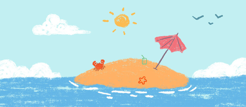 Small desert island in blue sea with pink umbrella, beach drink, crab and starfish under sunny sky. Cute kids doodle sketch vector summer illustration.