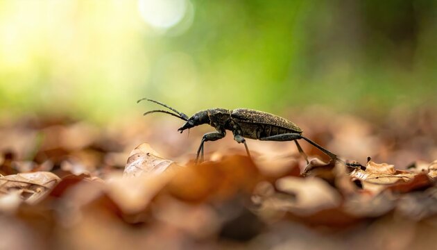 A Dark Rove Beetle Scuttles Through Dry Autumn Leaf Litter in a Sunlit Forest