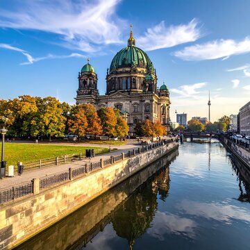 A large cathedral with a green dome sits beside a river