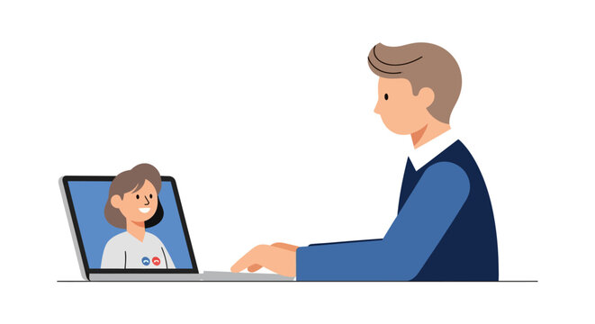 Video Conference Illustration: Man Communicating with Colleague via Laptop. Flat Vector Concept for Remote Work, Online Meetings, and Digital Education.